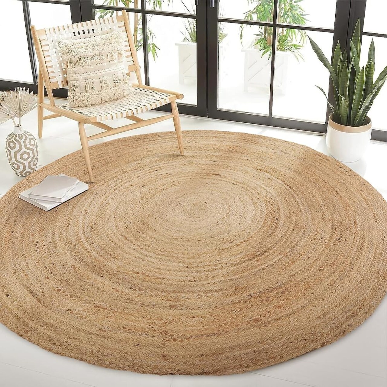Edge Collections - 8' - Natural - Handwoven Natural Jute Round Rug for Rustic Home Decor - 1 Piece